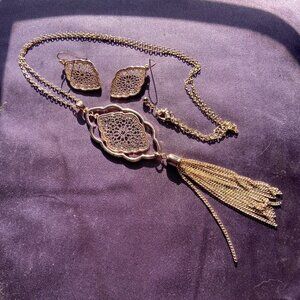 Bohemian Rose Gold Tone Filigree Tassel Necklace Matching Drop Earrings